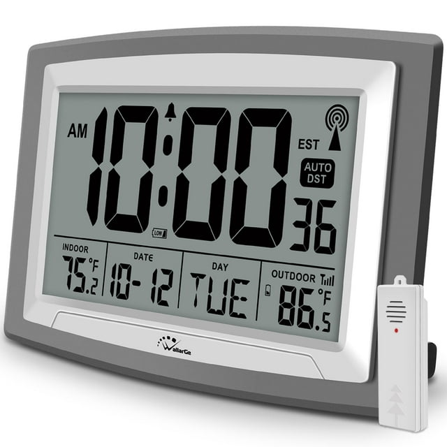 Reloj WalLarge Atomic digital de 12,5 pulgadas, temperatura interior y exterior