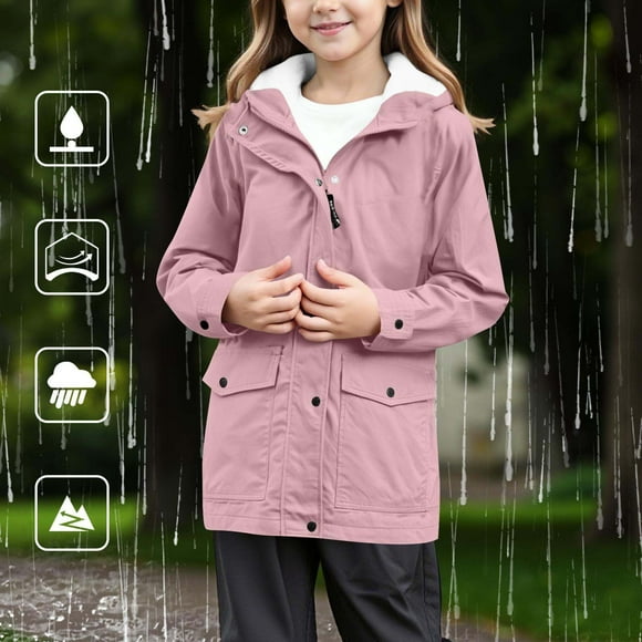 XQYLOS Manteau de Pluie Doublé en Molleton pour Filles Imperméable Léger à Fermeture Éclair Veste à Capuche Manteau de Pluie d'Hiver Coupe-Vent d'Extérieur avec Capuche Manches Longues Chaud Imperméable Coupe-Vent Manteau de Pluie pour Enfants Veste Imperméable