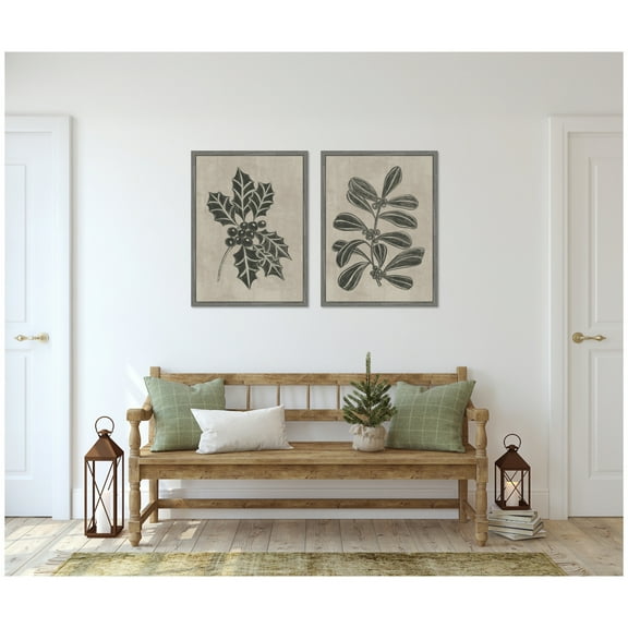Kate and Laurel Winter Holly and Berries - 2 Piece Framed Canvas Wall Art Set by Nikita Jariwala, Sylvie Greywash Vintage, Holiday Art for Wall Decor