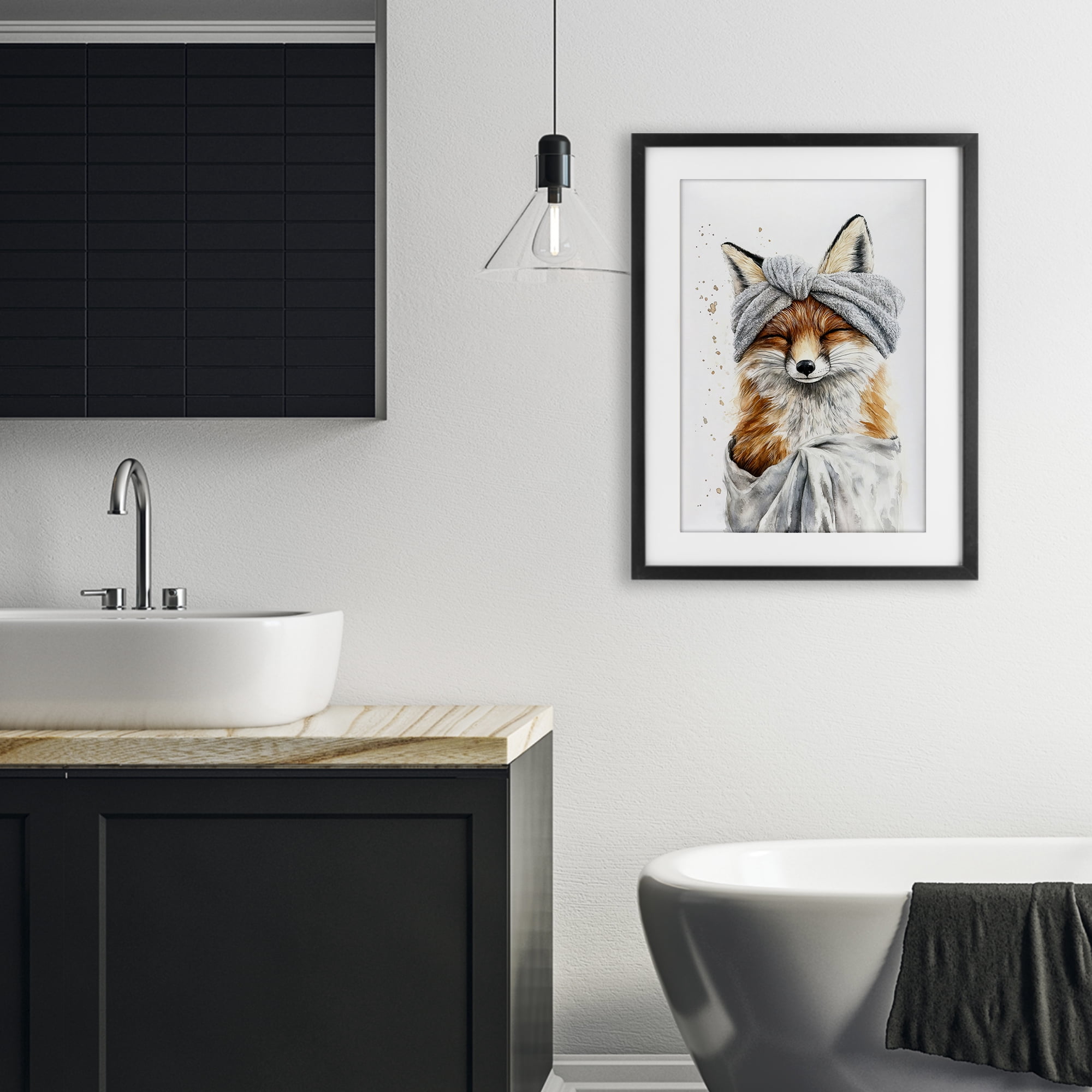 Stupell Industries Bathroom Fox Wrapped in Towel Black Framed Print Under Glass, design by Tina LeCour