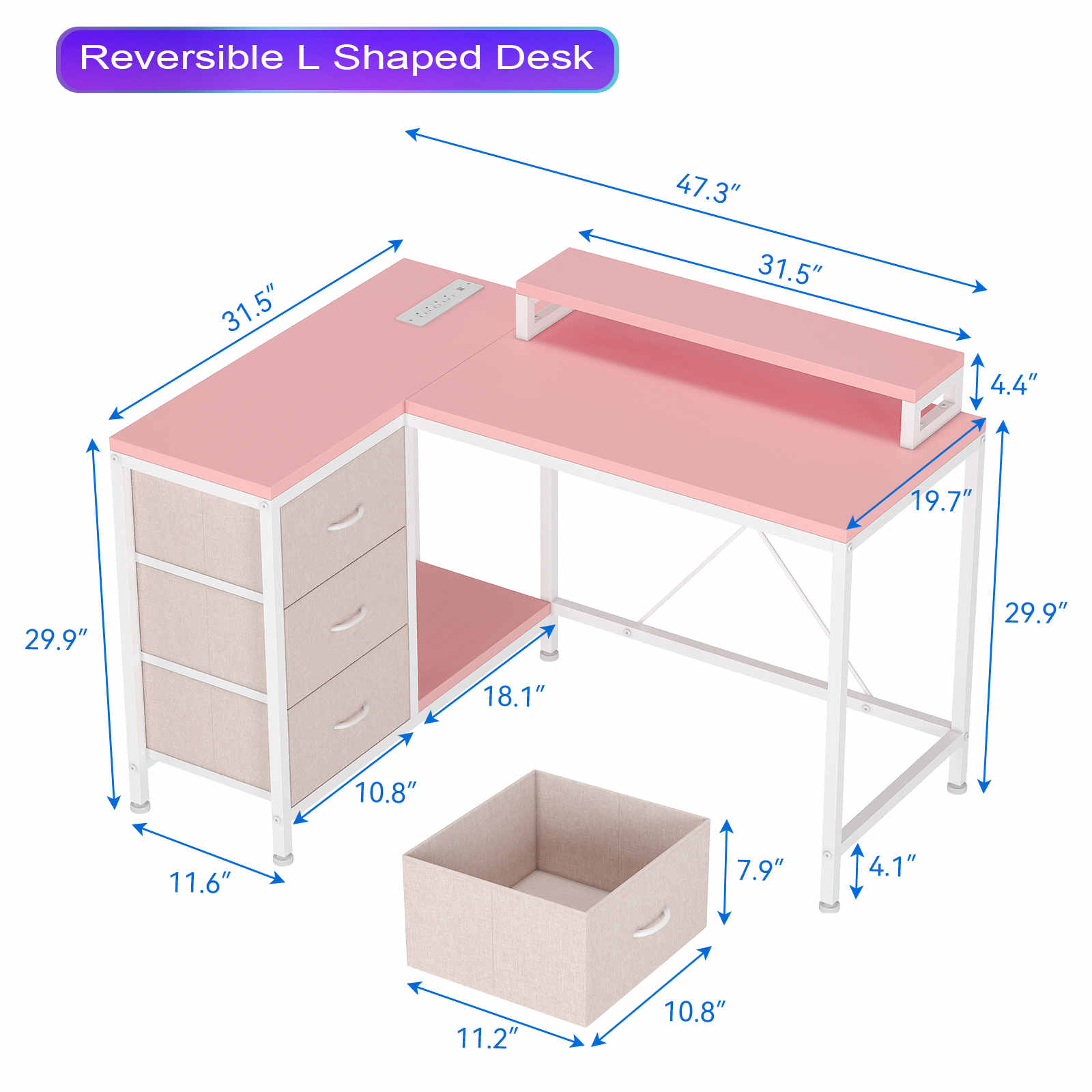 43" L-Shaped Desk with Power Outlets & LED Lights, Computer Desk with Drawers & Shelves, Corner Desk Gaming Desk Home Office Desk