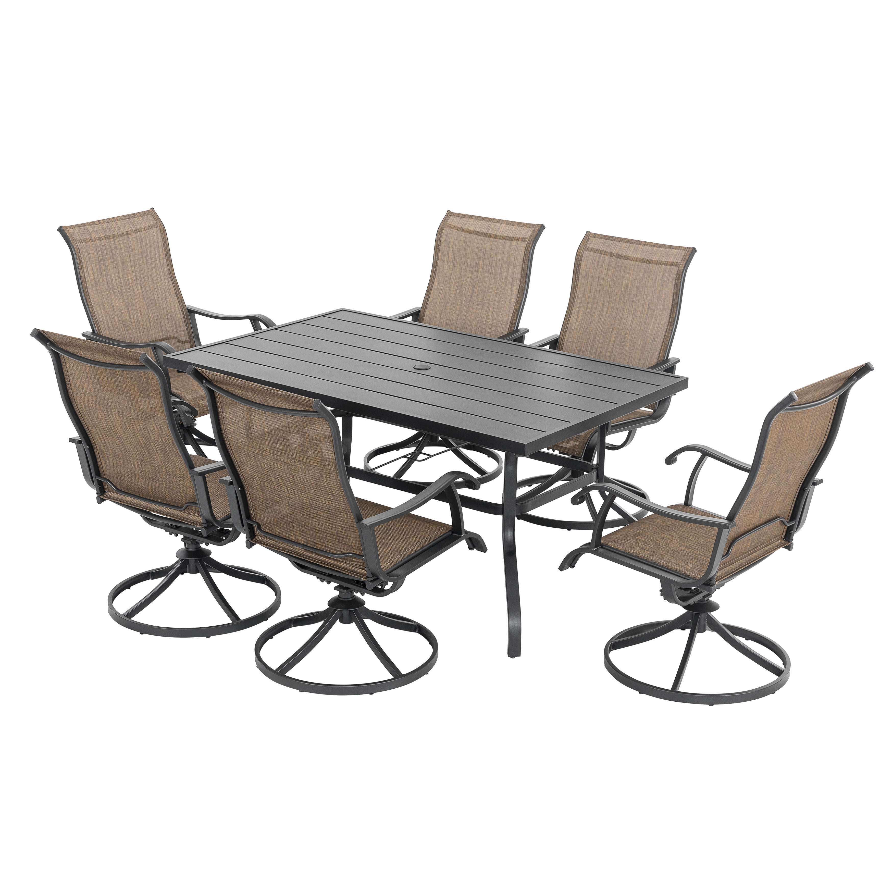 Nuu Garden 7 Piece Outdoor Dining Set Iron Patio Furniture Set 6 Swivel Patio Chairs and 1 Dining Table with 1.57 Inch Umbrella Hole, Brown