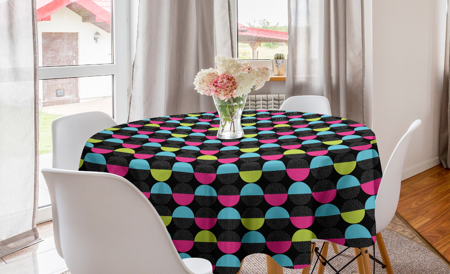 Modern Round Tablecloth, Memphis Inspired Pattern of Halved Dotted and