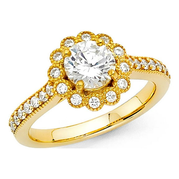 14k Yellow Gold Flower CZ Engagement Ring Anniversary Round Solitaire Band Floral Side Stones Size 7