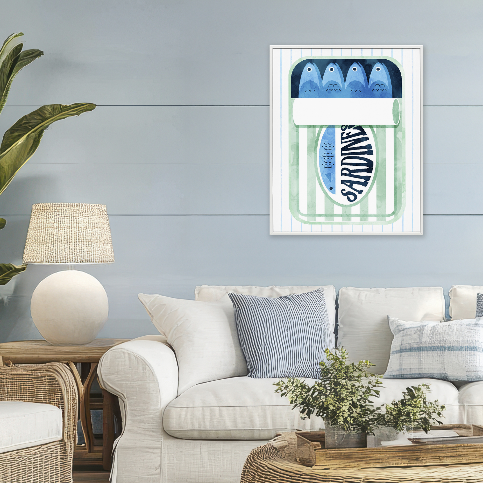 Seafoam Sardine Tin over Stripes White Framed Giclee Art, design by Daphne Polselli