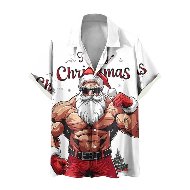 Camisas de Manga Larga para los Hombres Botón de Impresión de Navidad Blusa de Cuello Casual, Poliéster Ligero para la Fiesta de Primavera de Invierno