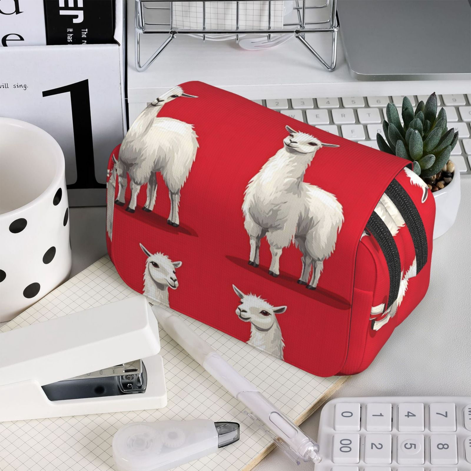 Large-Capacity Flip-Top Double-Layer Pencil Case, Multi-Functional Pocket Pen Case, Durable Stationery Organizer Alpaca On A Red Background