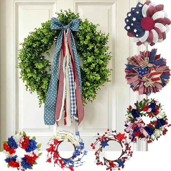 Boxwood Wreath with Bow, Red/White/Blue, 4th of July Independence Day Farmhouse Wall Porch Decor