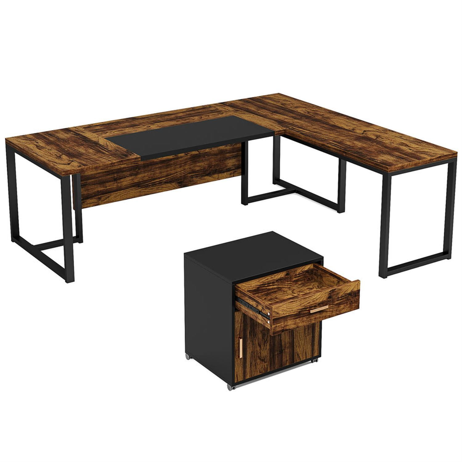 Demi Bonn Modern L Shaped Gaming Desk, 71" Executive Desk with Mobile Lateral File Cabinet for Home Office, Brown