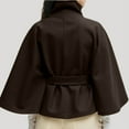 thumbnail image 4 of Women Batwing Sleeve Ponchos Pea Coat Wool Stand Collar Belt Capes Jacket Winter Cropped Overcoat Coffee XL, 4 of 8