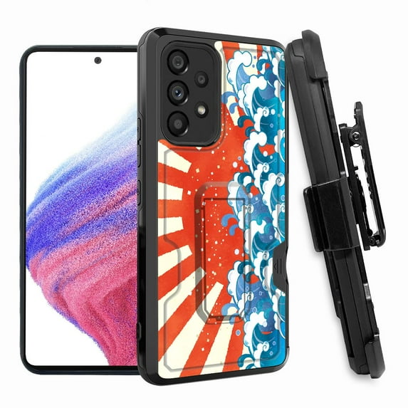 ANJ+ Rugged Shockproof Hoster Case w/Card Slot, Kickstand + Tempered Glass Cover for Samsung Galaxy A33 5G - Sunrise Waves
