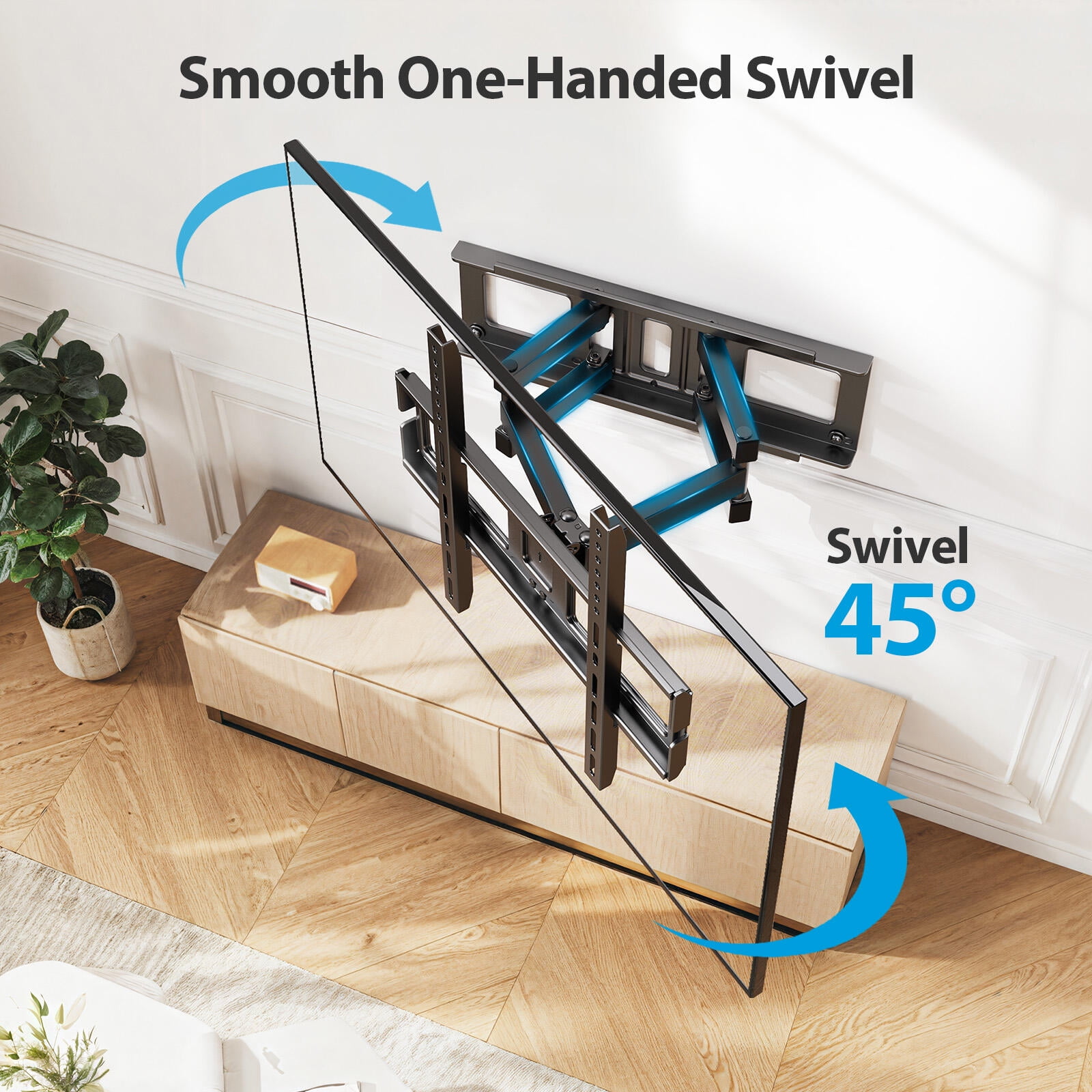 MountFTV Full Motion TV Wall Mount for 26-65 inch TVs Holds up to 110 lbs Swivels Tilts Extension Leveling, Max 400 x 400mm, Fits 8"/12/16" Wood Stud