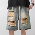thumbnail image 4 of Jean Shorts Men Ripped Drawstring Stretch Elastic Waist Knee Length Denim Bermuda Shorts with Pockets Baggy Distressed Mens Denim Shorts, 4 of 5