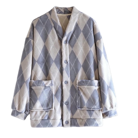 Lopecy-Sta Men's Pajama Top Soft Print V-Neck Button-Up Pajama Tops Long Sleeve Fleece Flannel Warm Home Clothes Pajamas for Men