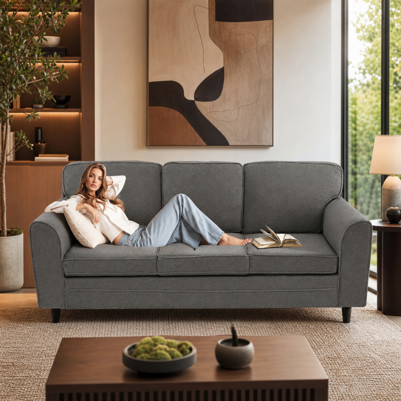 Furnibear Upholstered Teddy Velvet 3-Seat Sofa with Comfy Back Pillows for Living Room Apartment Lounge Family Room Home Seating, Gray