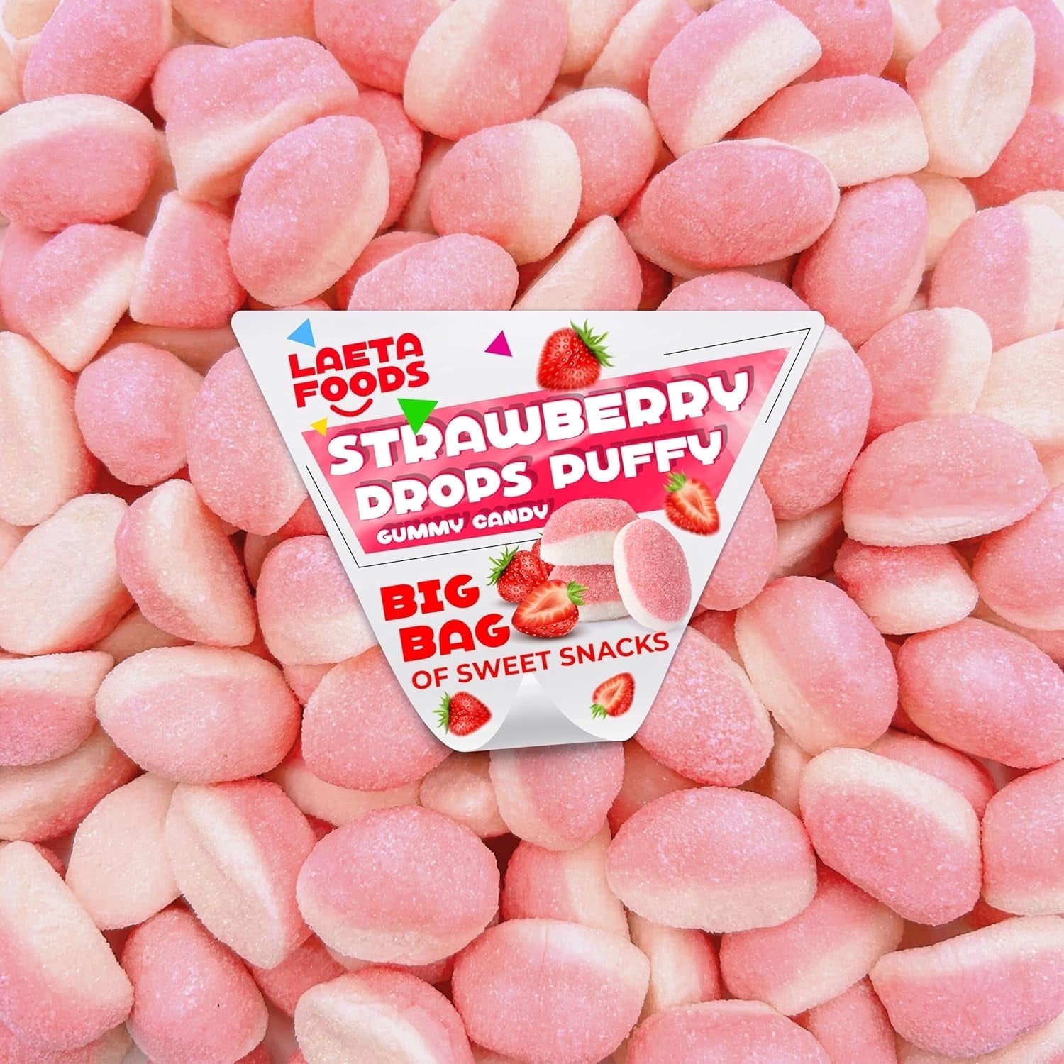 Strawberry Drops Puffy Gummy Candy, Soft and Chewy Pink Treats (1 Pound Bag)