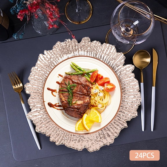 24 Pieces Rose Gold Charger Plates Fashionable Round Plastic Reef Plate Chargers for Wedding, Party