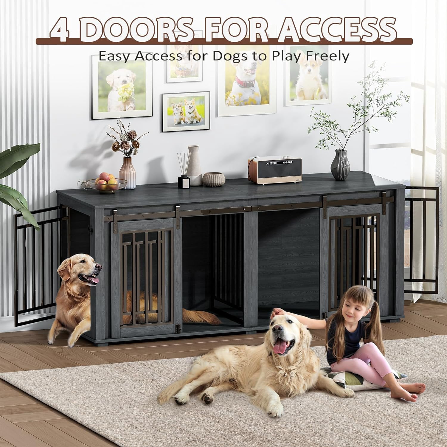 NEORIVER Large Dog Crate Furniture for 2 Dogs, 71" Sliding Door Heavy Duty Dog Kennel Furniture with Divider, Steel Frame Indoor Double Dog Crate for Large Medium Small Dogs, Dark Black