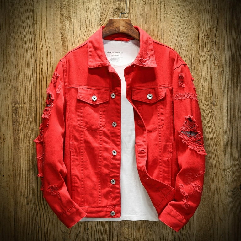 COSFO Red Jean Jacket Men Casual Denim Button Down Solid Coat