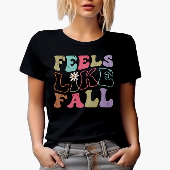Feels Like Fall, Autumn Season Themed, Groovy Retro Wavy Text Merch Gift, Black T-Shirt, Small