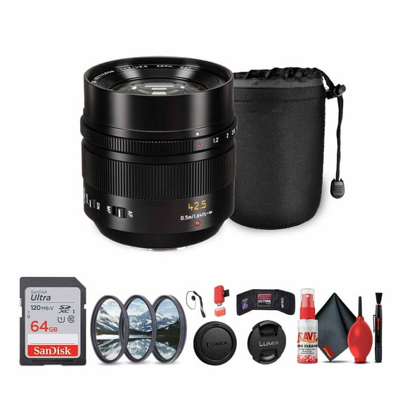 Panasonic Leica DG Nocticron 42.5mm f/1.2 Lens (H-NS043) Bundle Including: 64 GB Memory Card, 3-Piece Filter Kit, Lens Caps, Lens Pouch, Cap Keeper, Full Cleaning Kit, Card Reader, Card Wallet