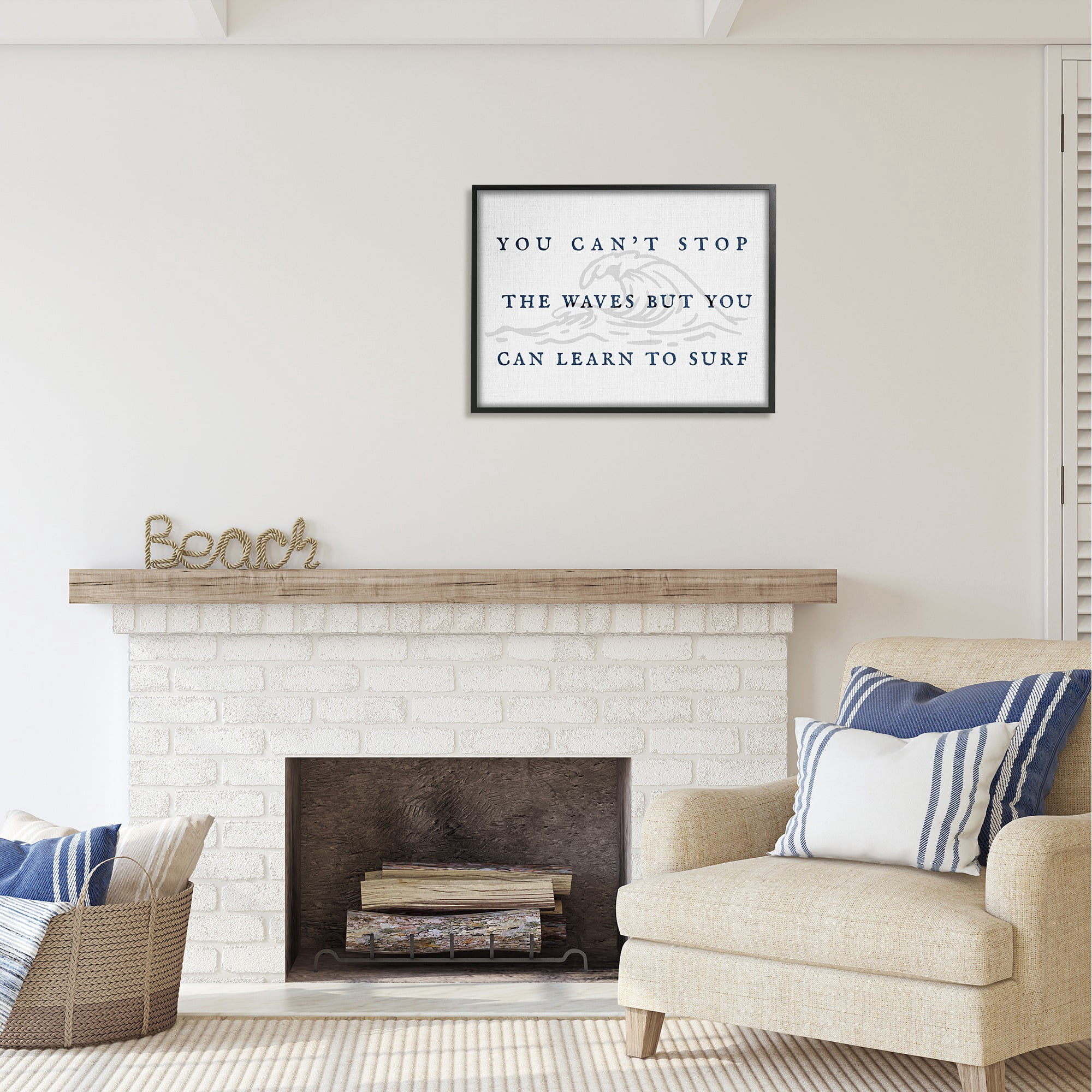 Stupell Industries Learn to Surf Inspirational Landscape Painting Black Framed Art Print Wall Art, 30 x 24