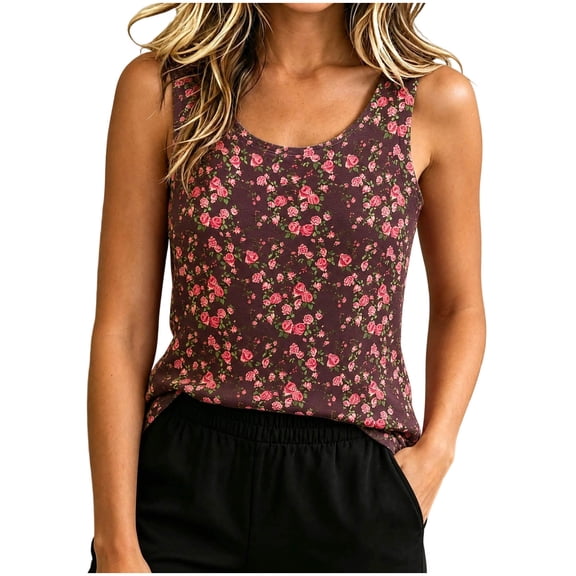 Tnhcen Women's Fleece Lined Tank Top Floral Print Thermal Underwear Sleeveless Round Neck Seamless Brushed Pajamas Warm Winter Base Layer Top M-2XL