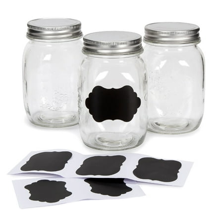 Clear Mason Jars with Chalkboard Lables: 16 oz, 3