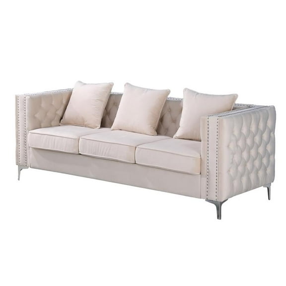 Pemberly Row Velvet Sofa Modern Couch with Button-Tufted Metal Legs Beige