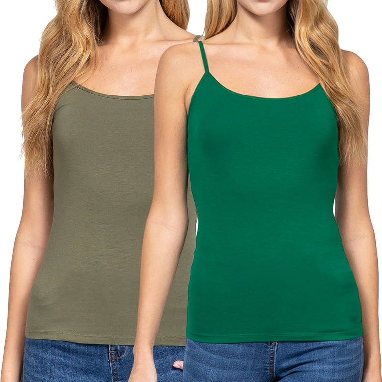 Juniors Solid Plain Adjustable Spaghetti Strap Layering Cropped Camisole  Tank Top (Olive Green/Pure Green, L) 