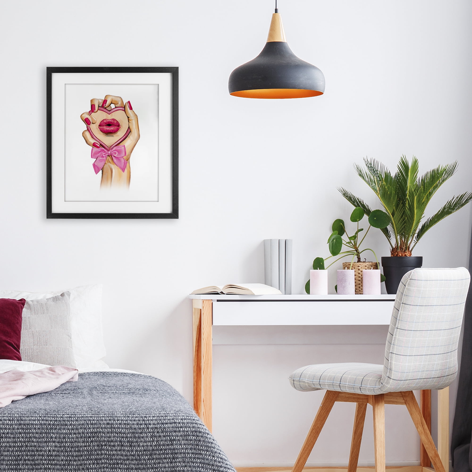 Pink Lips in Mirror Black Framed Print Under Glass, design by Ziwei Li