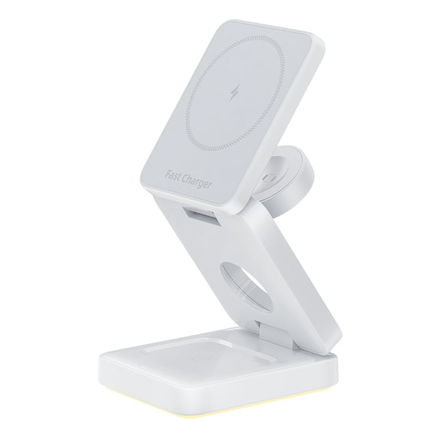 Magnetic Wireless Charger Foldable Three in One Led Light Stand for Phone Watch Earbuds White