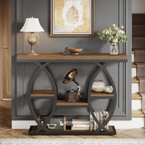 4-Tier Industrial Console Table - Rustic Narrow Accent Table with Metal Base for Entryway, Living Room & Small Spaces