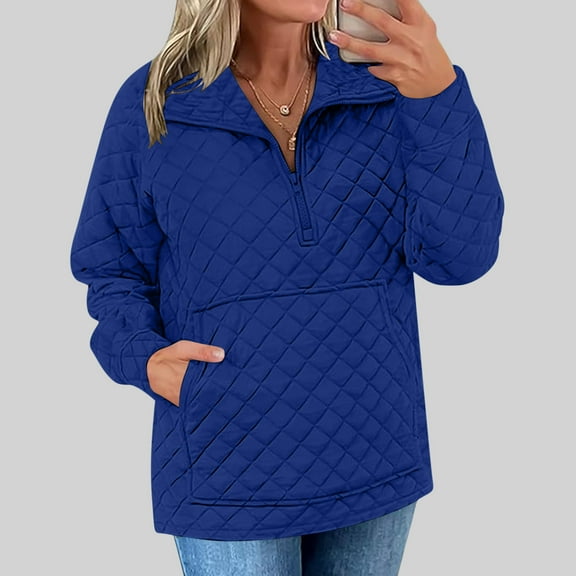 HOMBOM Blue Sweatshirts for Women Trendy Plain Zip Mock Neck Thanksgiving Tops Pullover Loose Long Sleeve Winter Quarter Zip Sweatshirt XL