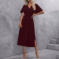 thumbnail image 4 of Vestido Maxi de Manga Larga para las Mujeres Caída Sólido de Manga Corta Cuello en V Plisado Vestido Maxi Midi, Cintura Elástica Boho Vestido de Playa con Bolsillos, 4 of 8