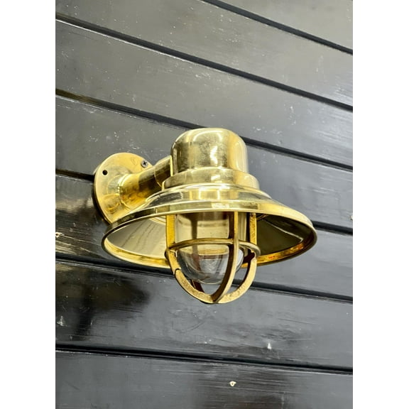 Vintage Solid Brass Nautical Bulkhead Wall Light with Hooded Shade and Glass Dome – Marine Style Wall Sconce