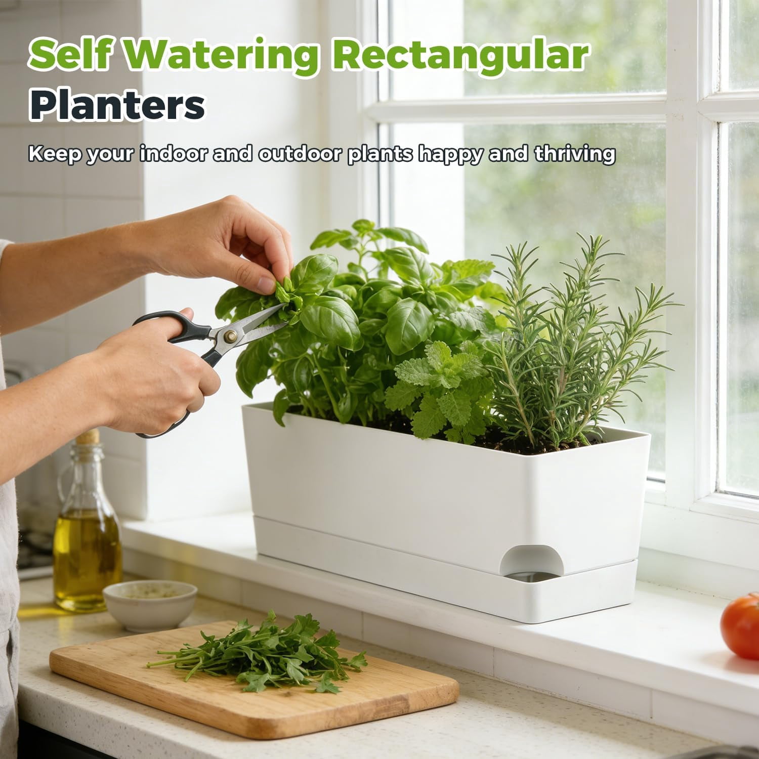4 Pack Self Watering Pots for Indoor Plants 17 Inches Window Boxes Planters Rectangular Flower Pots Rectangle Herb Pots Large Plant Pots with Drainage Holes and Saucers Windowsill Planter, Green