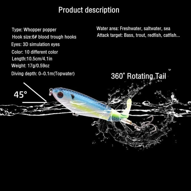 Aneew Set Whopper Popper Fishing Lures Swimbait Crankbait 360° Rotating Tail Floating Pencil Topwater Bass Trout Pike