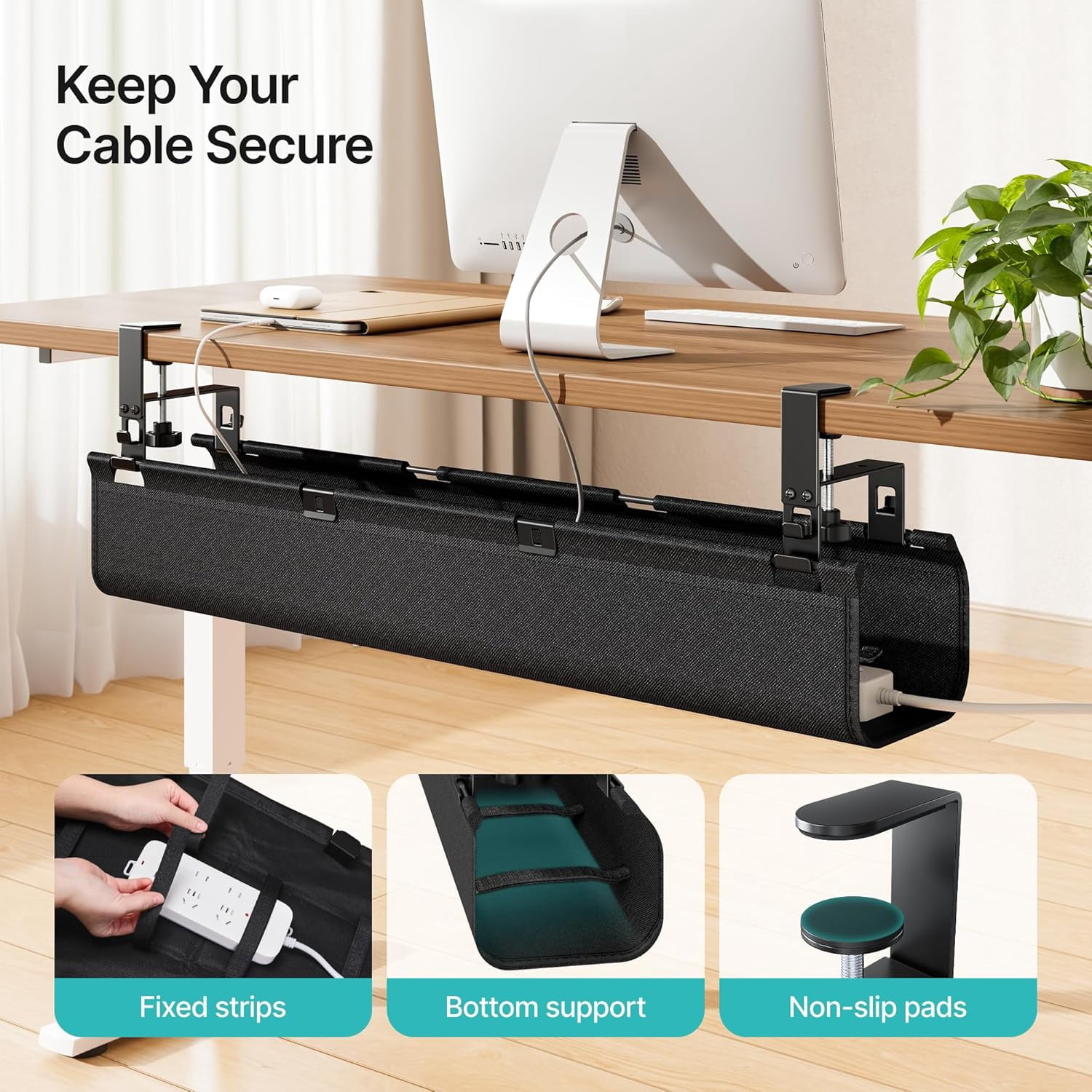 No Drill Under Desk Cable Management Tray, 31.5" Clamp Mount Desk Cable Organizer, Large Capacity Fabric Cord Management for Power Strips & Wires, Under Desk Wire Management for Office & Home