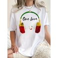 thumbnail image 1 of Camiseta informal de cuello redondo para mujer, con auriculares con estampado geométrico y estampado "One Love", tejido de punto de algodón, elasticidad media, ajuste cómodo para todas las estaciones., 1 of 6