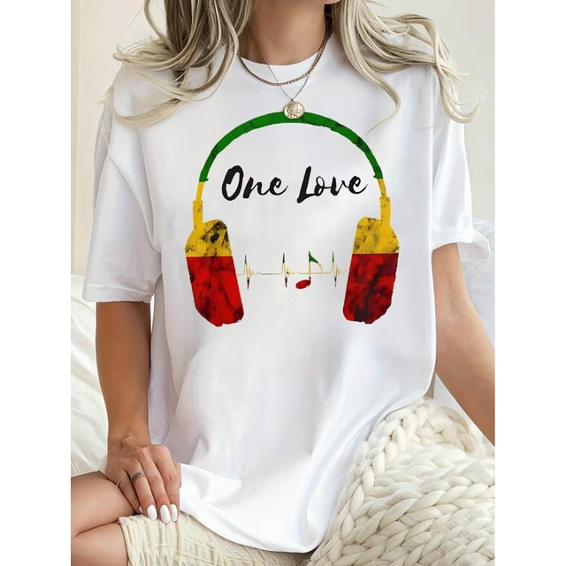 Camiseta informal de cuello redondo para mujer, con auriculares con estampado geométrico y estampado "One Love", tejido de punto de algodón, elasticidad media, ajuste cómodo para todas las estaciones.