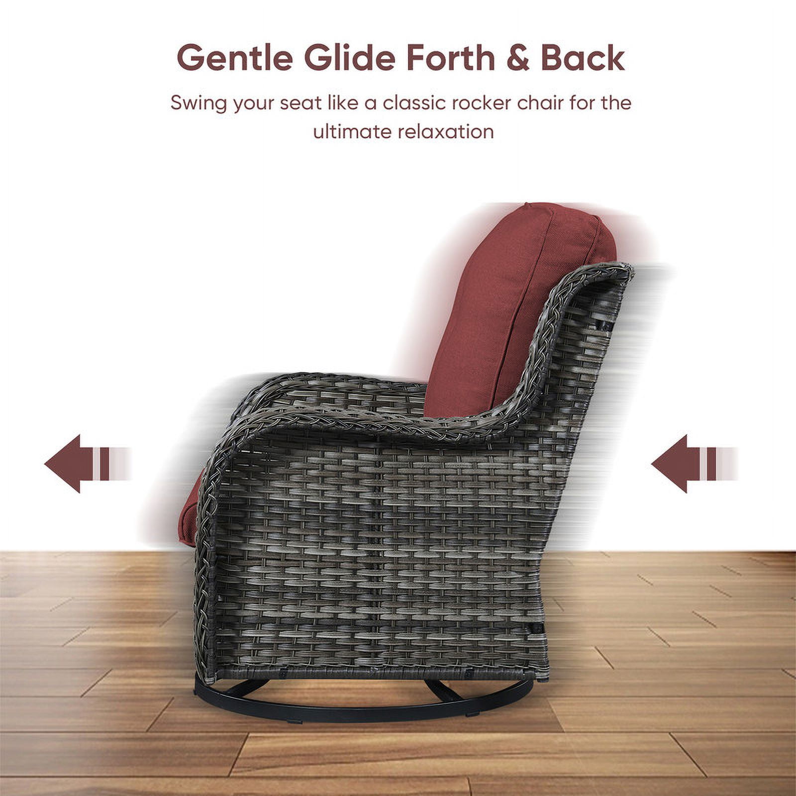 PARKWELL 3-Piece Outdoor Swivel Gliders with Thick Cushions and Side Table - Rattan Wicker Bistro Furniture Set - Gray Wicker and Red Cushion