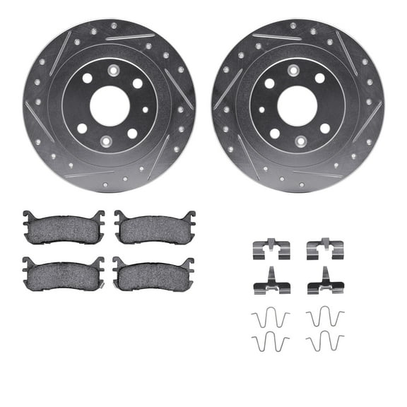 Dynamic Friction Company Rear Brake Rotors-Drilled and Slotted-Silver with 5000 Advanced Brake Pads includes Hardware 7512-54007