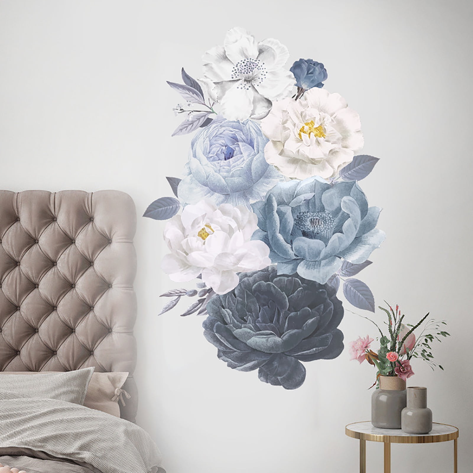 Beautiful Blue Peony Rose Flowers Wall Stickers Living Room Bedroom Wall Decal 