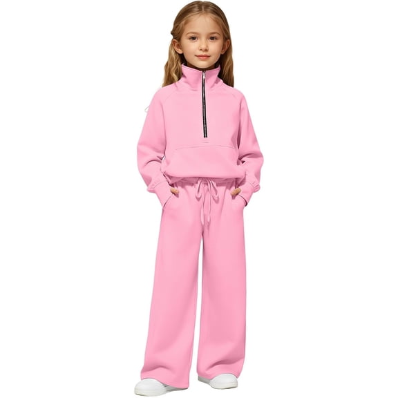 Bobifish Little To Big Girls Outfit Set Half Zip Hoodie And Wide Leg Drawstring Pants Soft Casual 2 Piece Kids Comfy Athletic Outfit Sizes 5-16