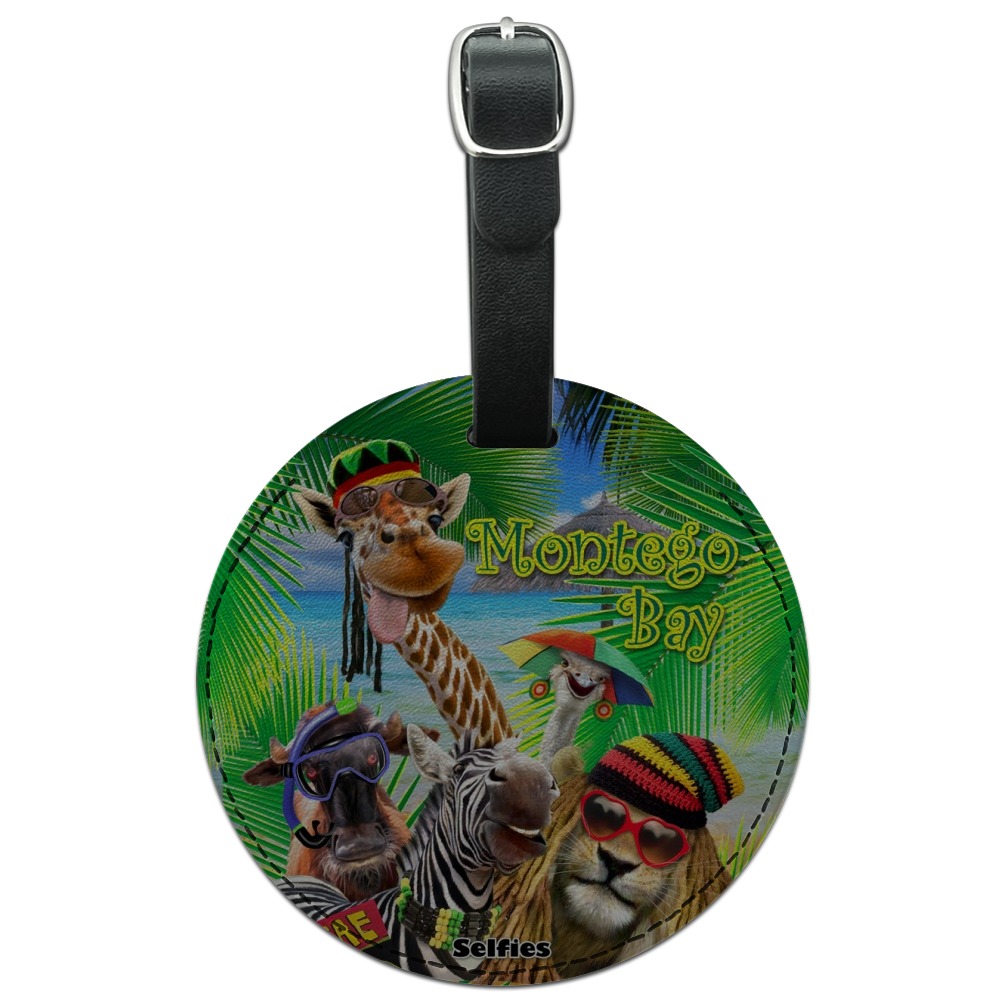 Montego Bay Jamaica Giraffe Zebra Lion Round Leather Luggage Card