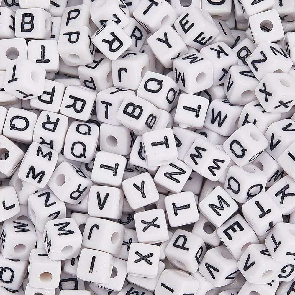 10MM 400PCS Cube Letter Beads with Holes Acrylic Black White Opaque Square Plastic Assorted Alphabet Loose Spacer Bead Bulk