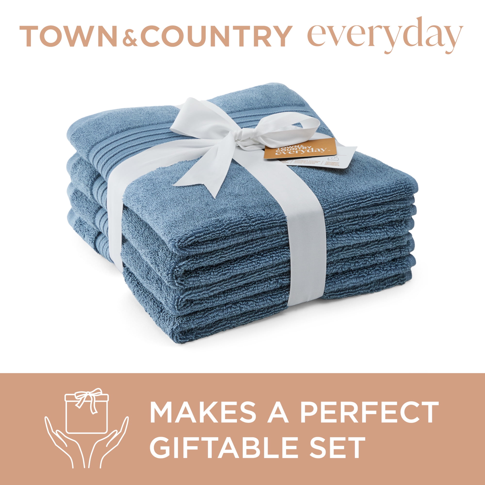 TOWN & COUNTRY EVERYDAY 4-Piece Solid Dobby Border Hand Towel Set, 20"x30", 100% Cotton, Plush & Absorbent 650GSM, Blue