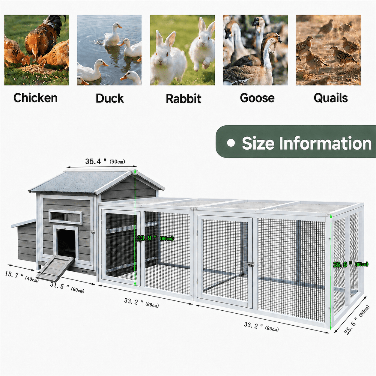Aukfa 114" Large Chicken Coop Wood Chicken Run Cage w/ Nest Box and Pull-on Tray for Outdoor, Backyard, Gray