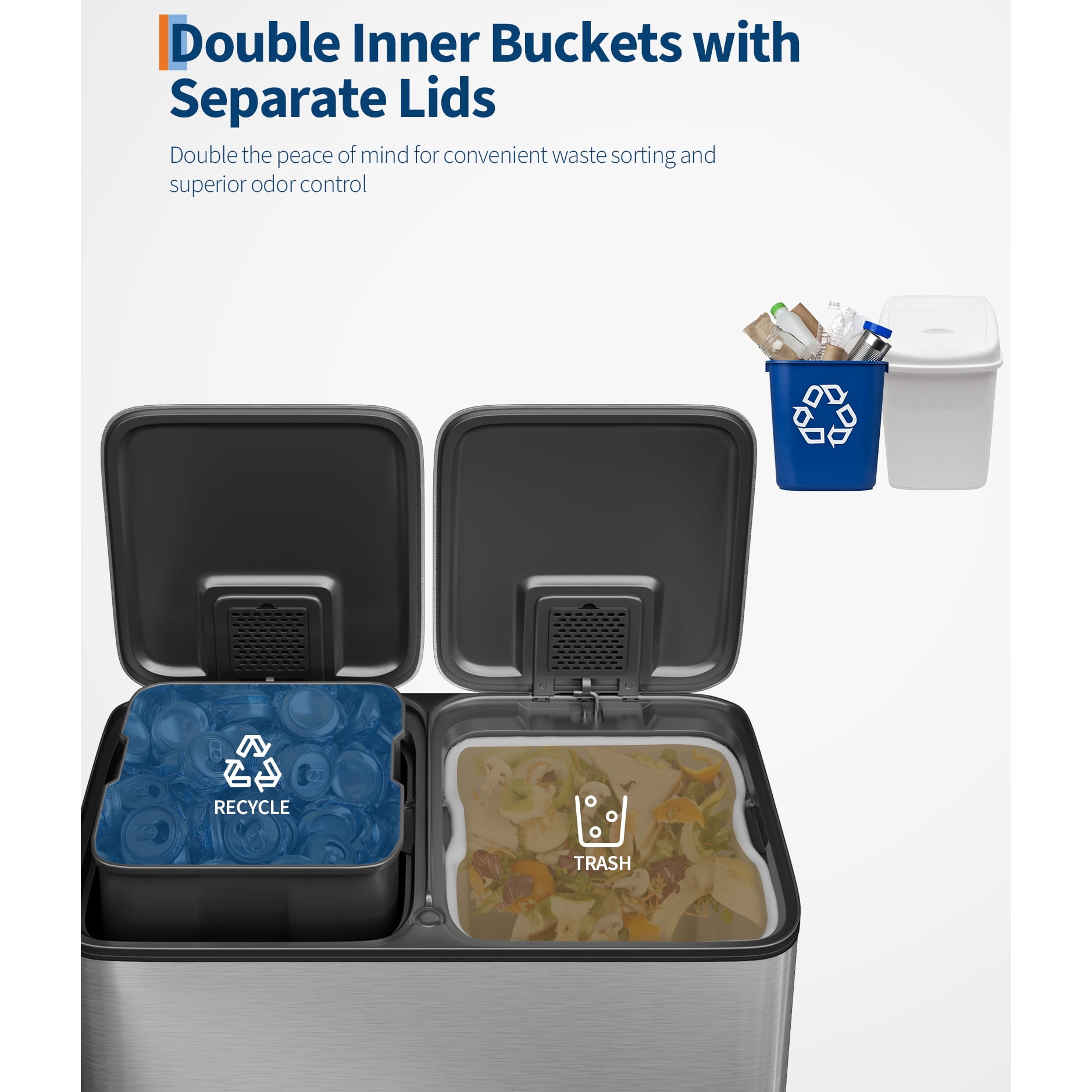 Premium Stainless Steel Dual Compartment Trash Can - 30L/40L Step-on Kitchen Garbage Bin w/Removable Inner Buckets (Silver/Black/Grey)